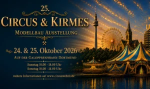 2026_Vorschau_Dortmund-0 | Circus & Kirmeswelten Poster for the 25th Circus & Kirmes model exhibition, October 24–25, 2026, at Dortmund Galopprennbahn, with a lit carnival scene featuring a Ferris wheel and striped tents.