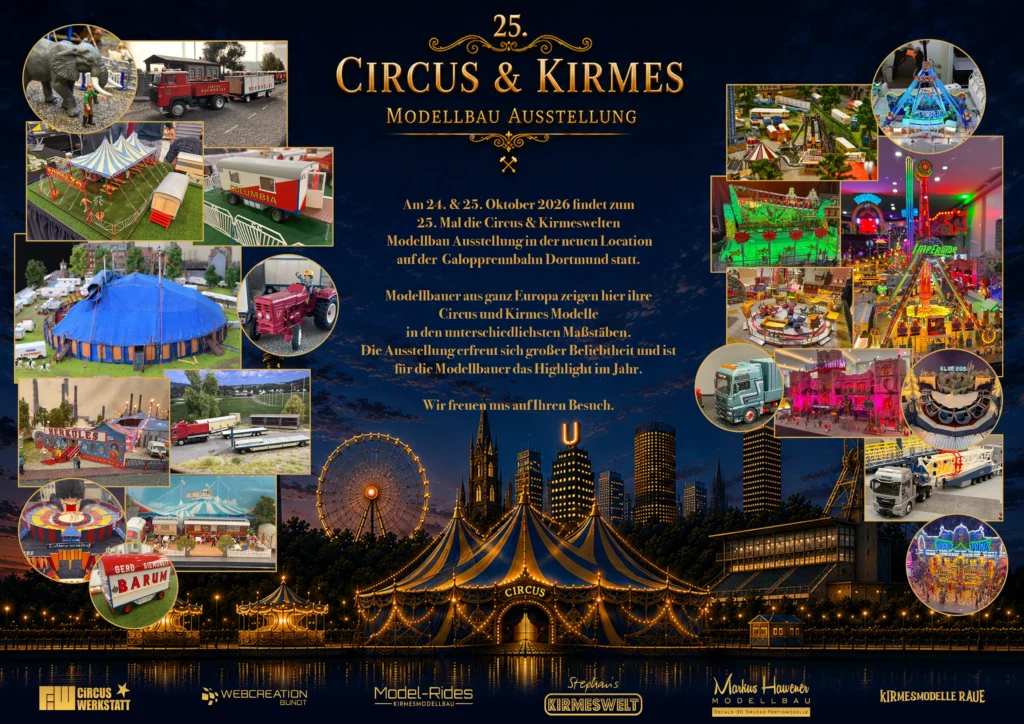 Collage poster for the 25th Circus & Kirmes featuring miniature rides, tents, and trucks on a dark blue background.