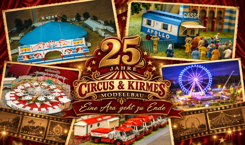 Collage celebrating 25 Jahre Circus & Kirmes Modellbau with miniature rides and carnival scenes.] ,