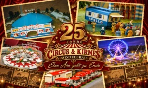 Collage celebrating 25 Jahre Circus & Kirmes Modellbau with miniature rides and carnival scenes.] ,