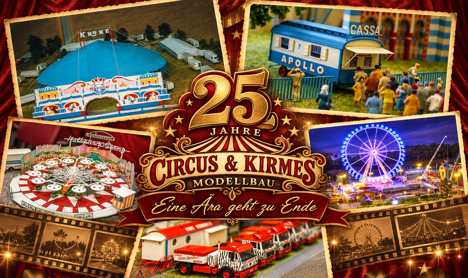 Collage celebrating 25 Jahre Circus & Kirmes Modellbau with miniature rides and carnival scenes.] ,